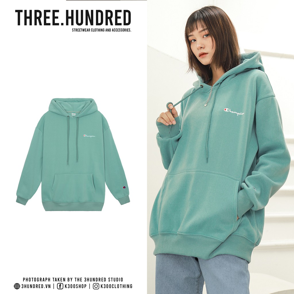 Áo Hoodie Thêu Logo Champion Sắc Nét Phía Trước-Chất Vải Nỉ Bông Cotton-Form Rộng Rãi Unisex Nam Nữ-Màu Xanh Mint