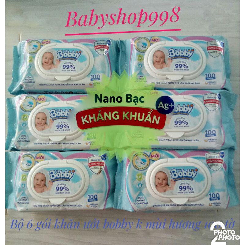 (Nano Bạc) Bộ 6 Gói Khăn Ướt Bobby Không Mùi 100 tờ