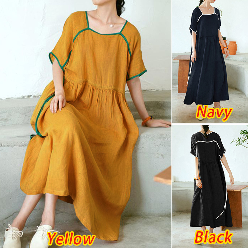 Đầm Nữ ZANZEA Dáng Dài Tay Ngắn Phong Cách Vintage Thời Trang