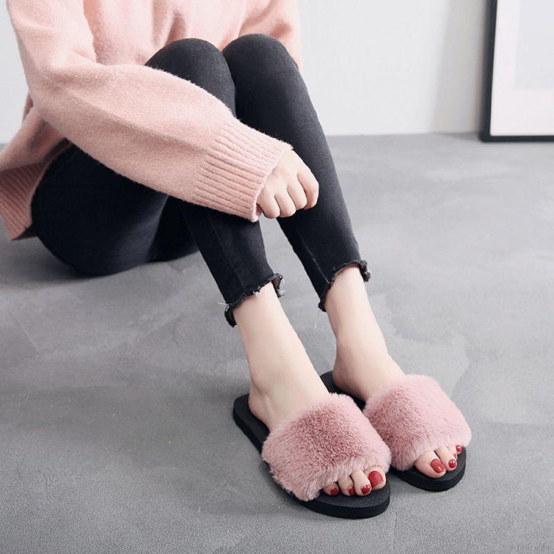 Dép đi trong nhà quai ngang phối lông chống trượt tiện dụng cho gia đình
