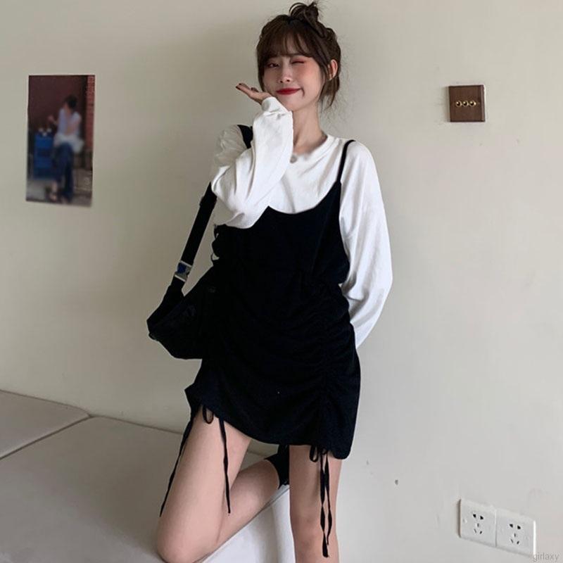 Đầm dáng dài giả hai lớp phối tay dài phong cách Hàn Quốc trẻ trung