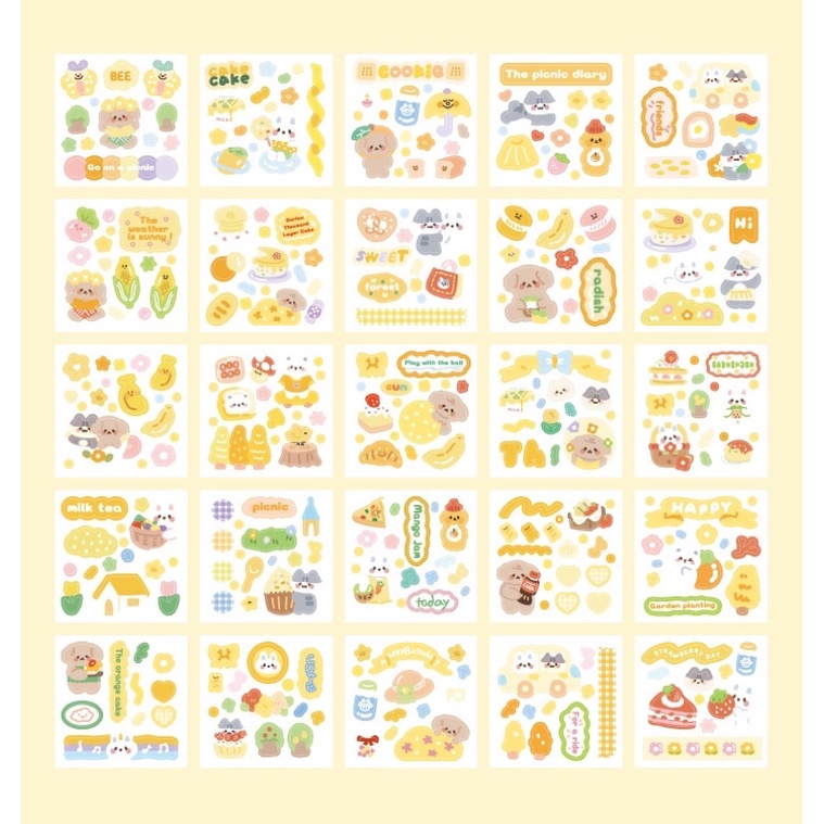 Sticker cute/Hộp 100 tấm sticker hình dán dễ thương HAPPY PICNIC trang trí sổ planner bullet journal Hàn Quốc Tẻn Tẻn