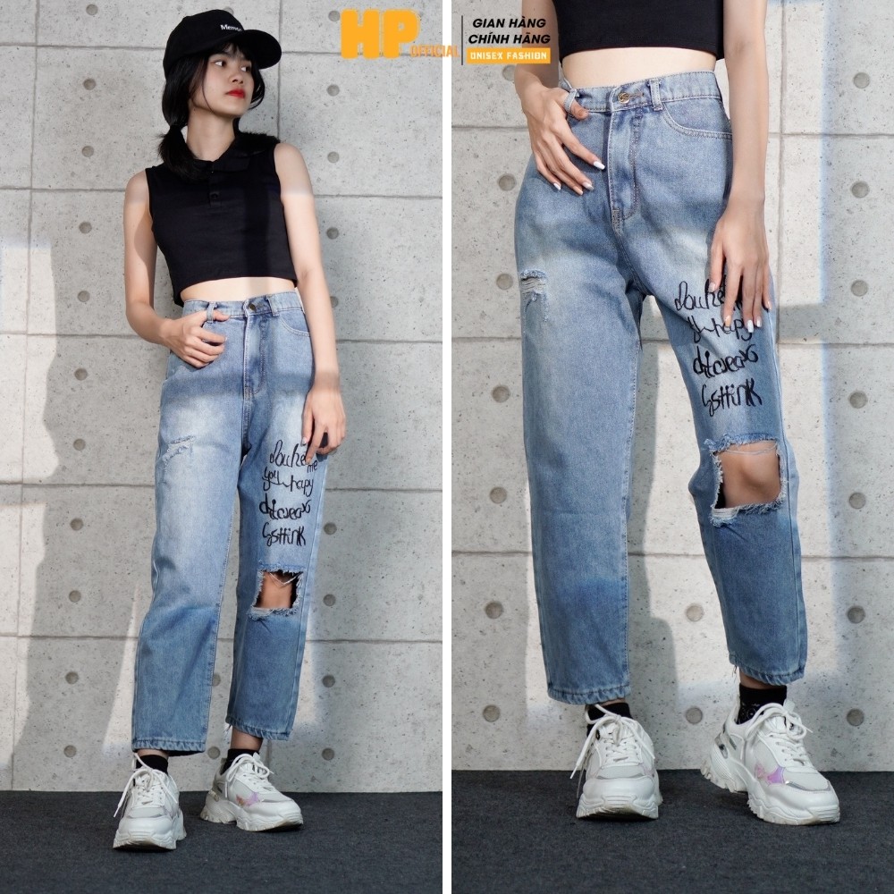 Quần baggy nữ ❤️ Quần jean cạp lưng cao in chữ rách gối cá tính, chất bò dày dặn - QJ30