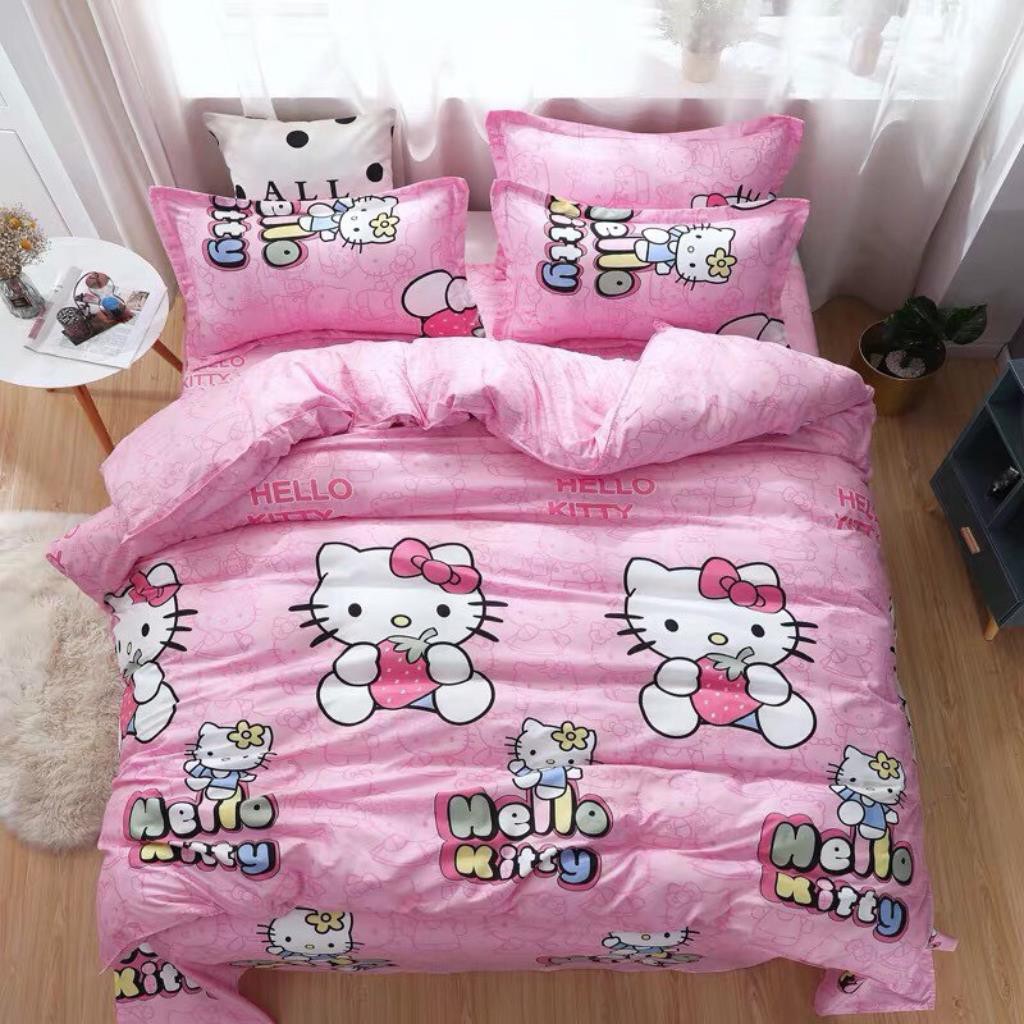 Bộ chăn ga gối drap giường chất cotton poly họa tiết hello kitty hồng