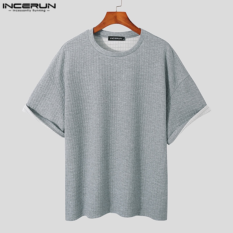 Áo thun INCERUN tay ngắn dáng rộng thoải mái màu trơn thời trang cho nam