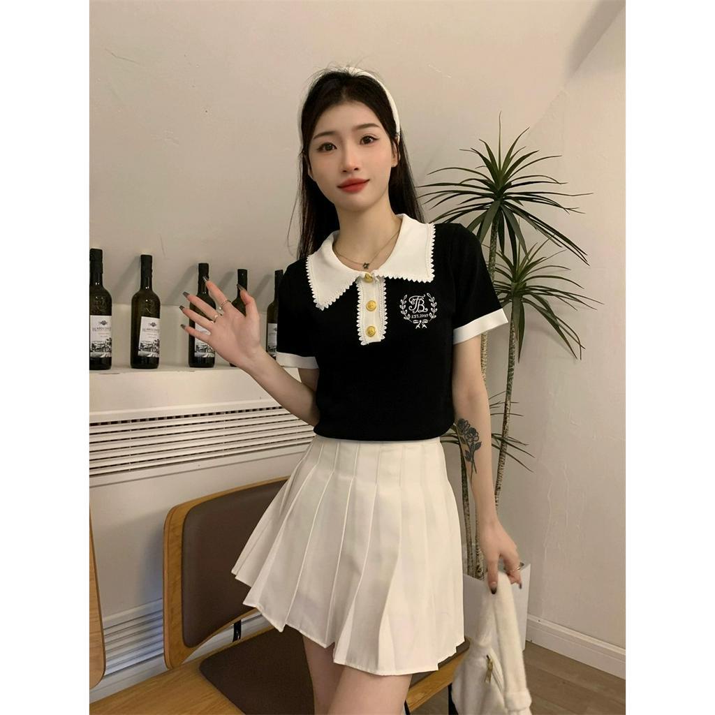 ZHELIHANGFEI Áo polo Dệt Kim Tay Ngắn Thêu Họa Tiết Phong Cách Pháp Thời Trang Cho Nữ