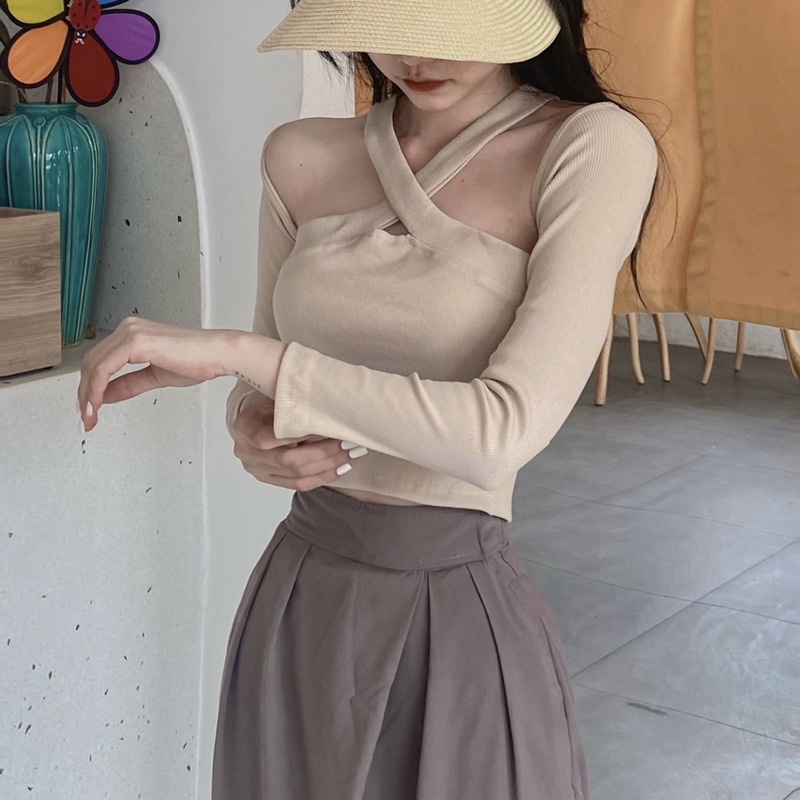 ÁO CROTOP ÔM BODY CHÉO CỔ X TAY DÀI CHIZISHOP TRỄ VAI CHẤT THUN CO GIÃN CRT41