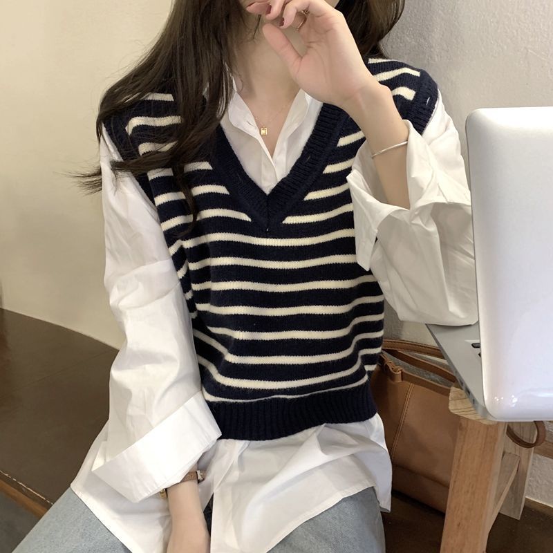 Áo Len Không Tay Dáng Rộng Họa Tiết Kẻ Sọc Đen Phong Cách Hàn Quốc Thời Trang Mùa Thu 2023 Dành Cho Bạn Nữ