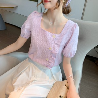 Áo Kiểu Chất Chiffon Tay Ngắn Phối Bèo Hoạ Tiết Sọc Ca-Rô Nữ Tính