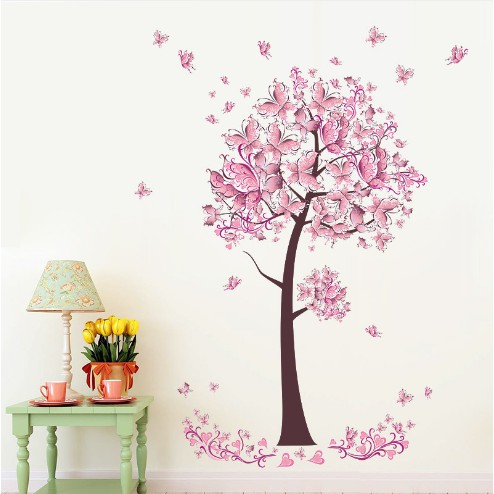 Giấy Dán Tường - Decal Trang Trí Hình cây Hoa Bướm