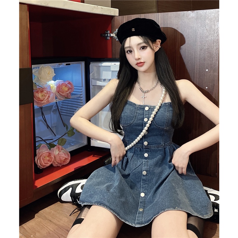 Đầm Denim Sát Nách Hở Vai Thời Trang Mùa Hè Quyến Rũ Cho Nữ