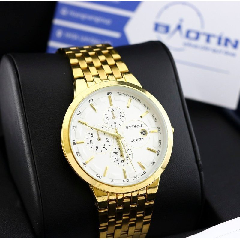 Đồng hồ nam Baishuns dây kim loại 305 mặt trắng khung thép mạ vàng GIÁ RẺ BẤT GIỜ