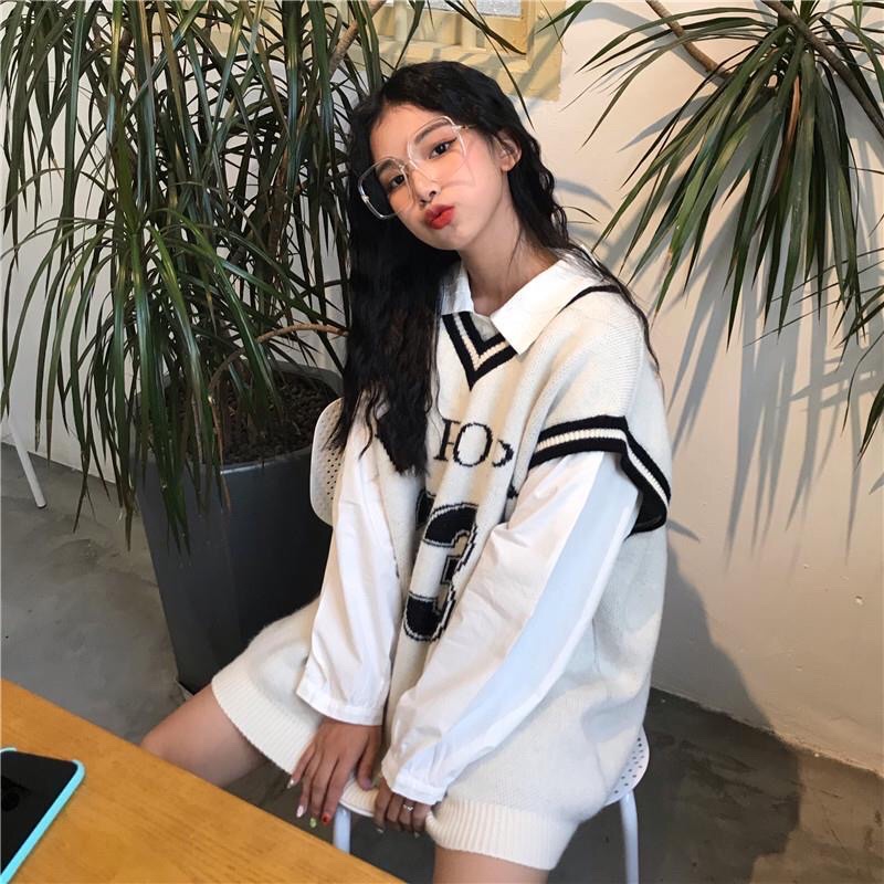 Áo gile len viên tay cổ đen trắng số 23