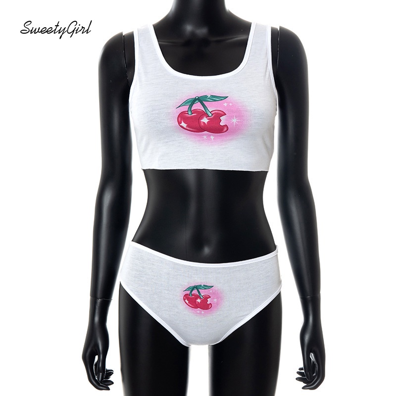Set Áo Tank Top Cổ Chữ U + Quần Short Lưng Thấp Dáng Ôm In Họa Tiết Cherry Thời Trang Cho Nữ 2022