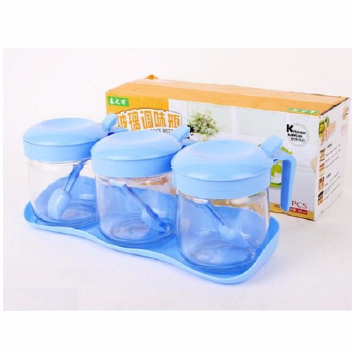 [ TẶNG MUỖNG ] BỘ 3 HŨ THỦY TINH ĐỰNG GIA VỊ KÈM KHAY