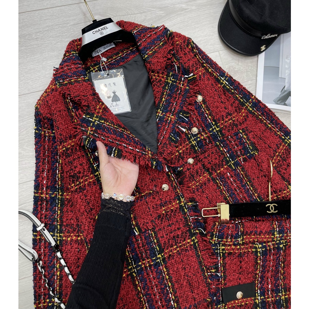 Set dạ đỏ mận kẻ sọc thiết kế sang chảnh tiểu thư hàng cao cấp | BigBuy360 - bigbuy360.vn