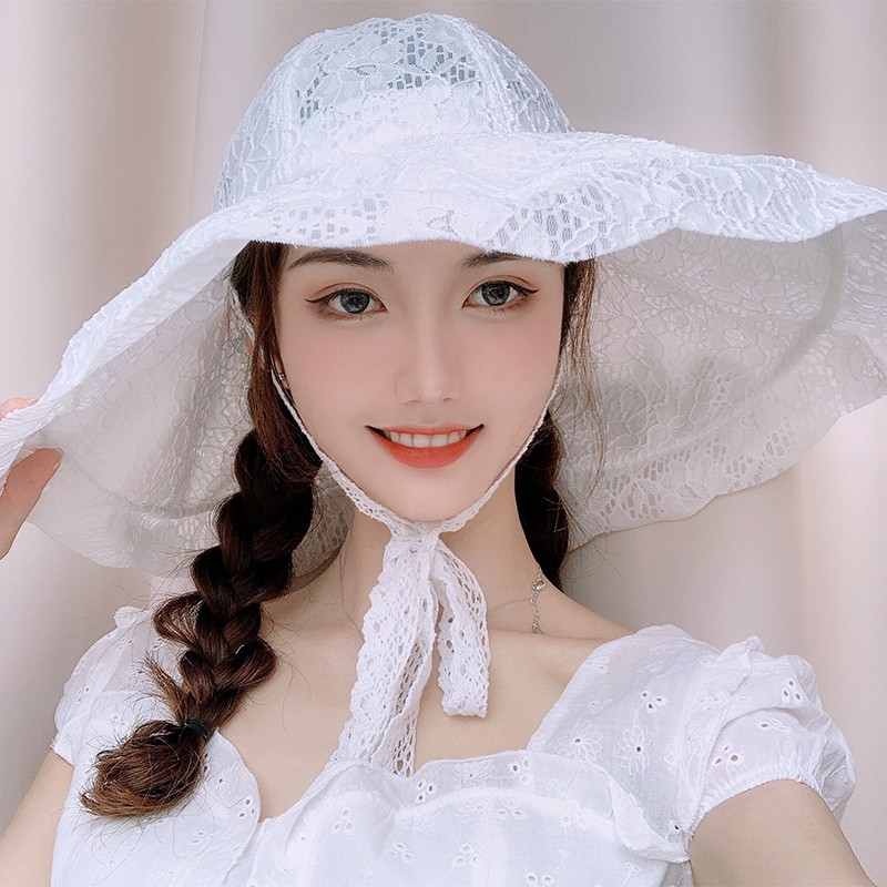 Mũ tai bèo vành rộng phối ren màu trơn chống nắng phong cách Nhật Hàn dễ phối đồ cho nữ khi đi du lịch