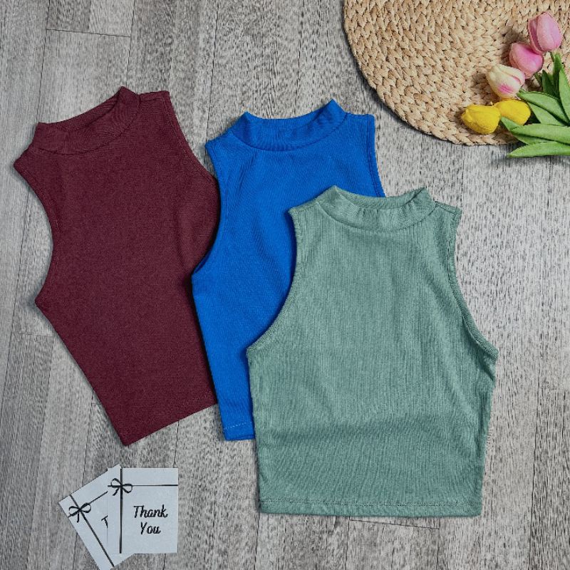 Áo Croptop Thun Gân Nữ 3 Lỗ Kiểu Trơn Sát Nách Cổ Lọ, Cổ Cao Không Tay Dáng Ôm Body