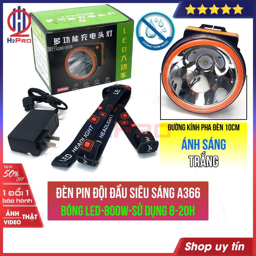 Đèn Pin Đội Đầu Siêu Sáng Led A366-800W-Chiếu Xa 500m-Pin Khủng-Dùng 8-20h, Chống Nước, Sáng Trắng Hoặc Vàng-H2Pro Tech