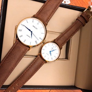 MỘT_ĐỔI_ MỘT TRONG 7 NGÀY- Căp đồng hồ đôi nam nữ  Halei dây da nâu kim xanh mặt trắng thanh lịch, sang trọng