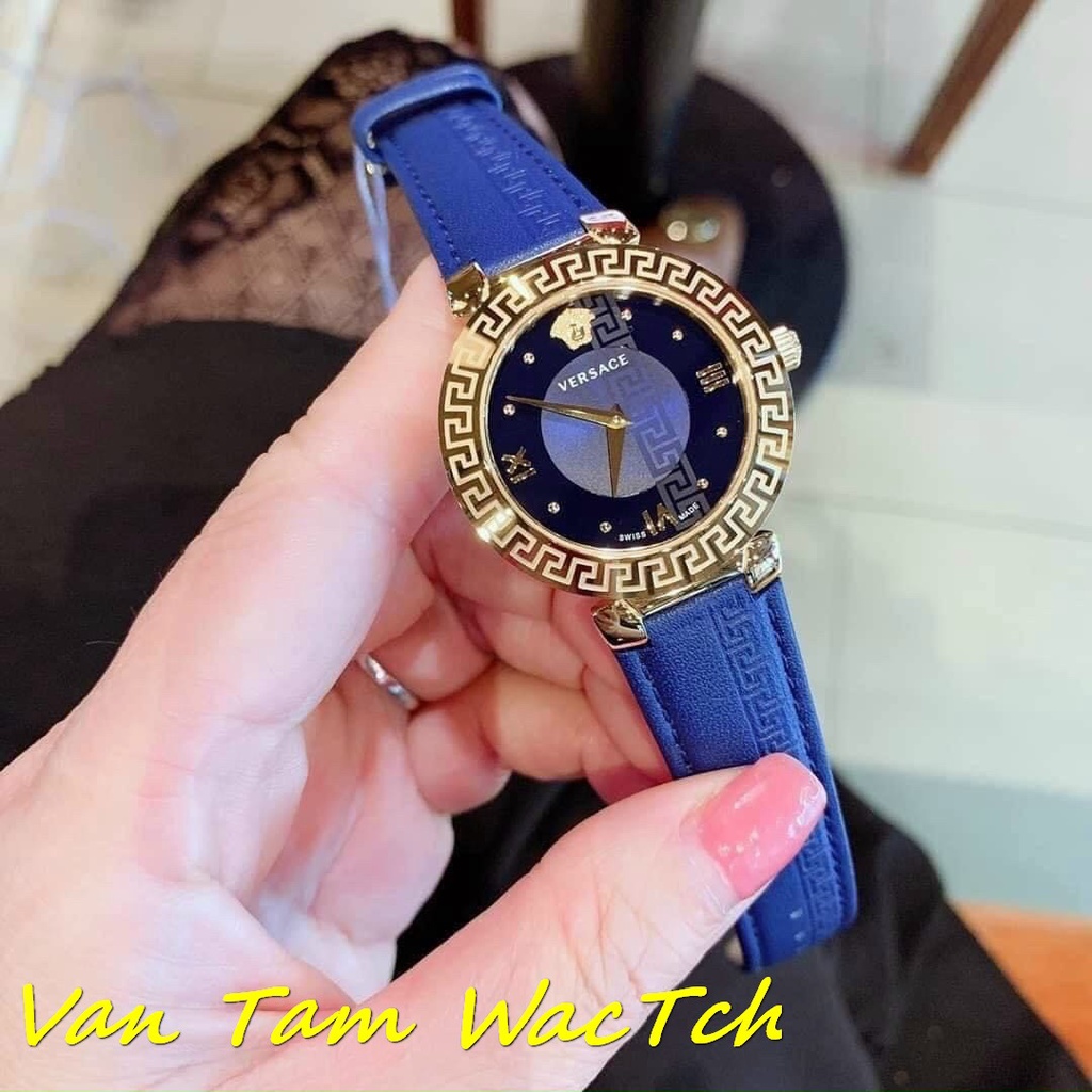 Đồng hồ nữ Versace daphnis 34mm máy swiss quartz, viền họa tiết medusa khắc nổi , dây da cao cấp