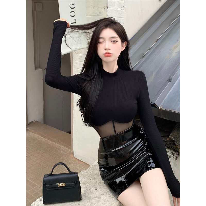 Áo thun dài tay bó sát thiết kế lưới khâu jumpsuit mùa hè