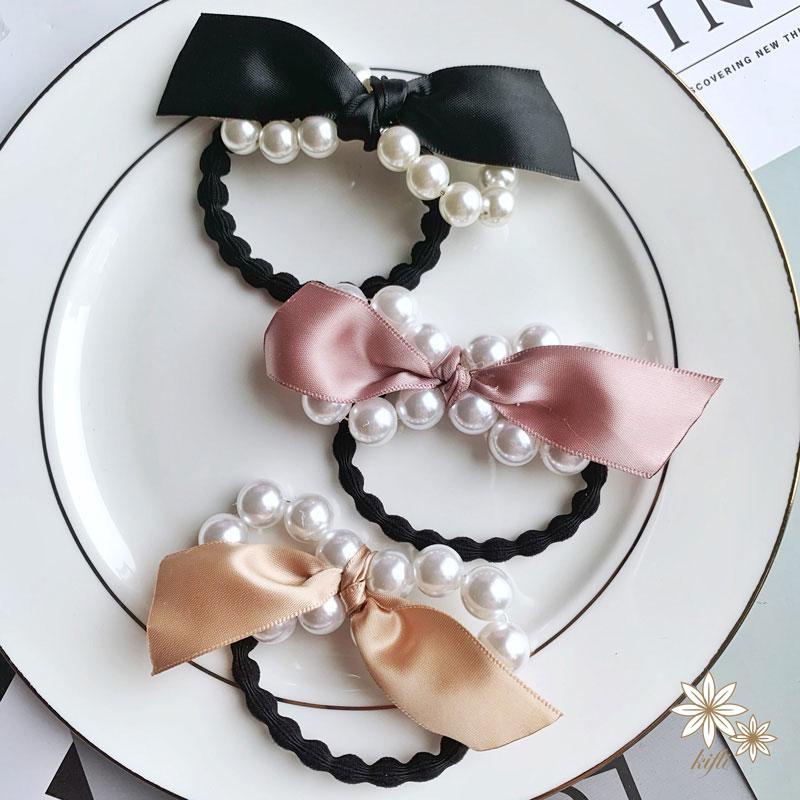 Dây Cột Tóc Cao Su Co Giãn Hình Nơ Đính Ngọc Trai Xinh Xắn