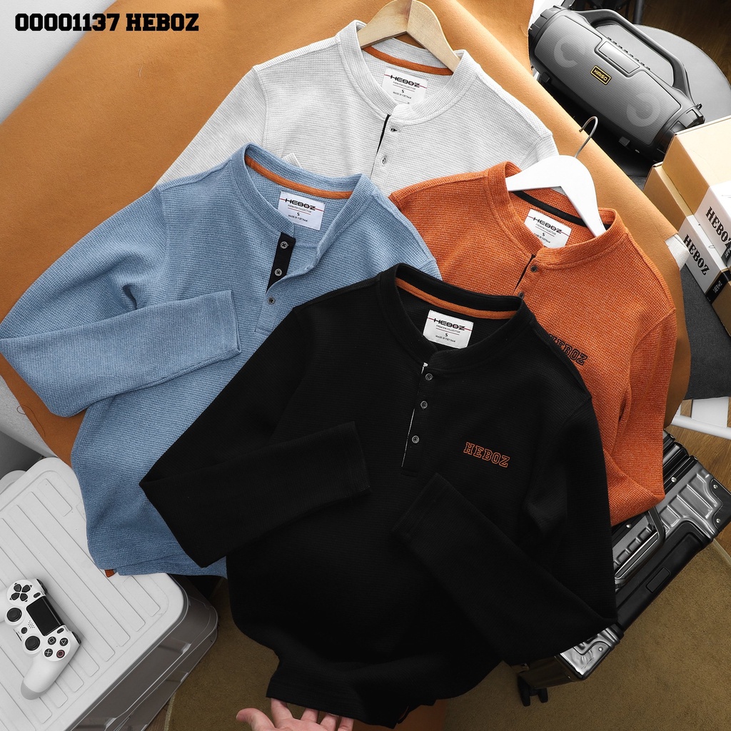 Áo henley dài tay waffle Heboz 4M, chất vải waffle co dãn thoáng mát - 00001137