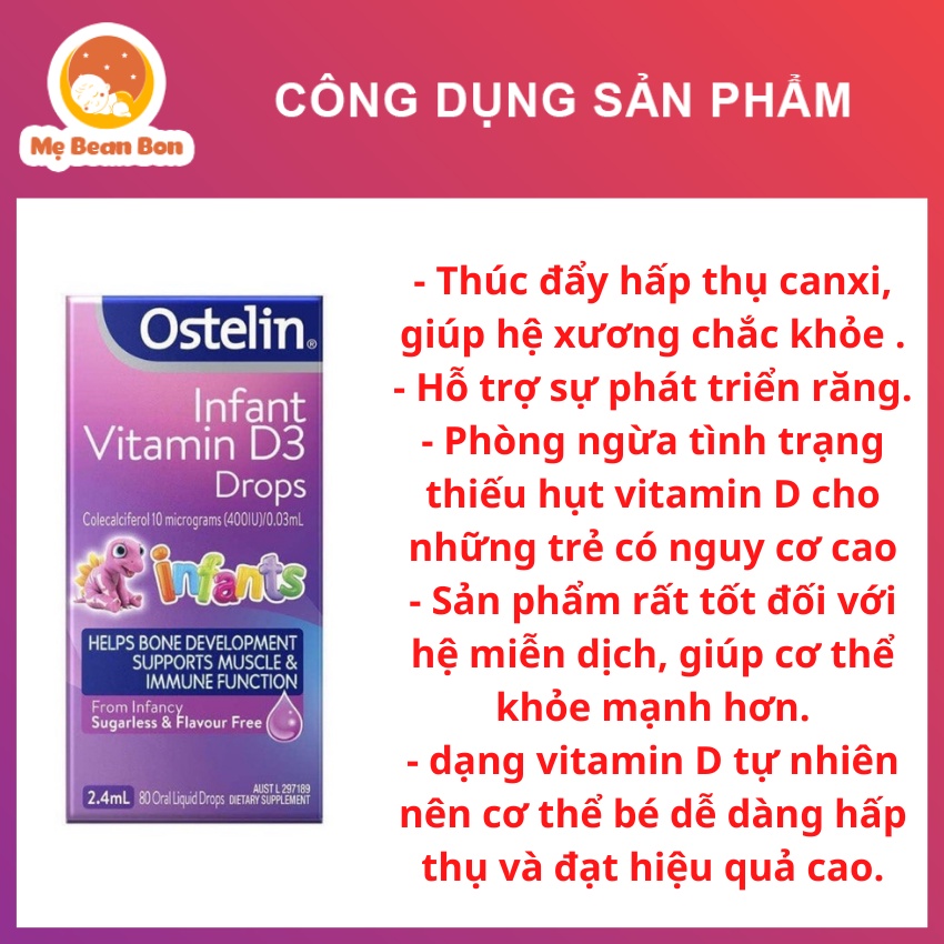 vitamin d3 drops dạng giọt 2.4ml cho trẻ từ sơ sinh Ostelin Infant của úc giúp bé hấp thụ canxi phát triển chiều cao