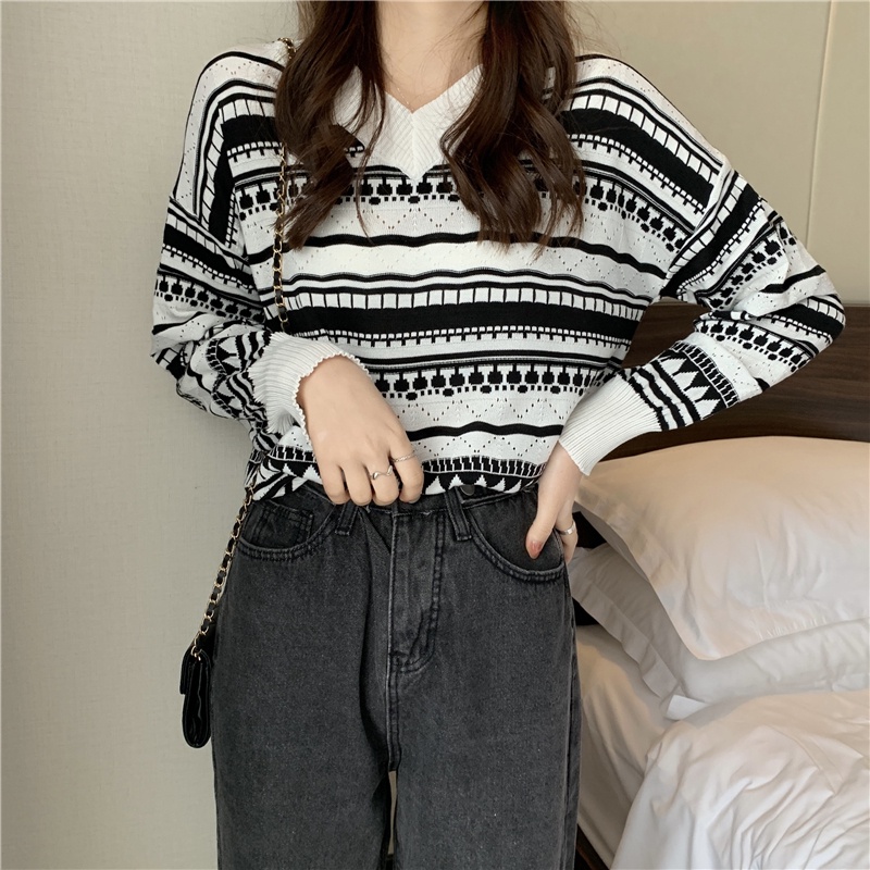 NZN Áo sweater dệt kim cổ chữ V dáng rộng phong cách Hàn Quốc mới thời trang mùa thu dành cho nữ