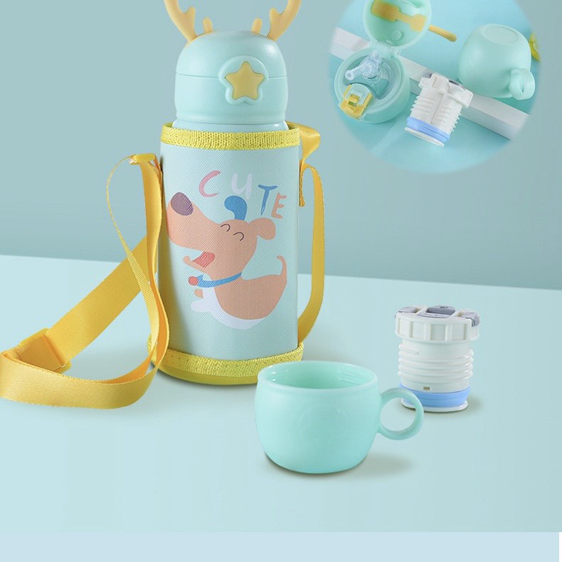 Bình nước cho bé đi học bình nước giữ nhiệt 500ml 2 lớp inox 316 cao cấp tặng kèm túi giữ nhiệt và nắp phụ Bunakids BN11