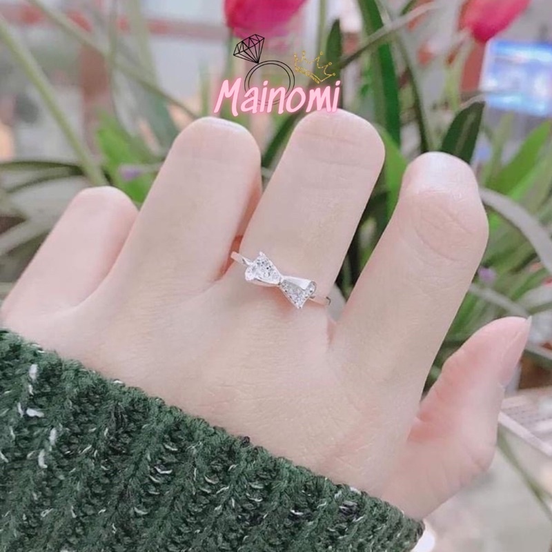 Nhẫn nơ Bạc ta cho nữ, hoạ tiết nơ đính đá liti gấp cạnh trơn bóng tạo nét mới lạ dễ thương Mainomi Shop Bạc Xinh