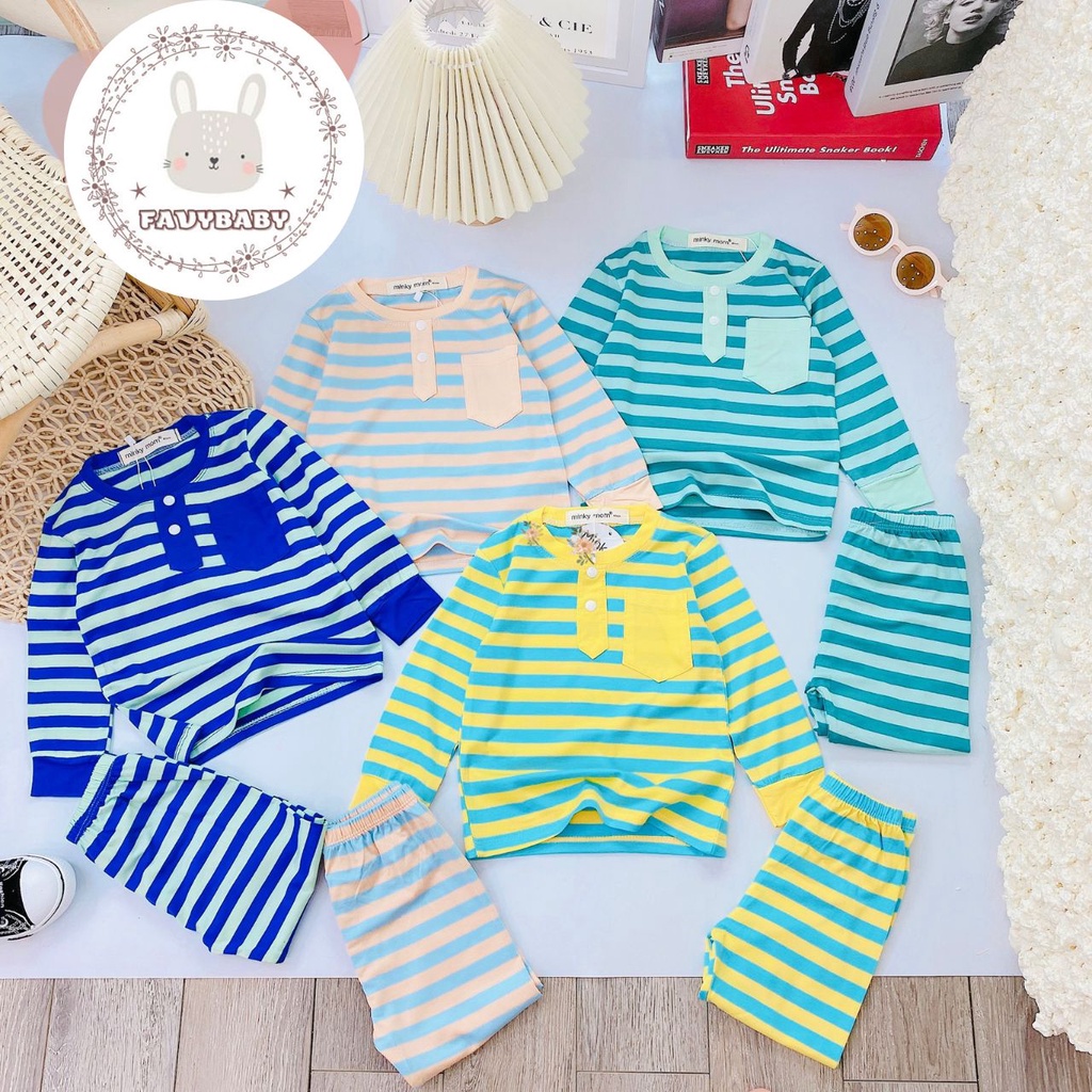 Bộ Dài Tay MINKY MOM Chính Hãng Bé Trai Bé Gái Vải Thun Lạnh Sọc Dệt Visco Có Nút Túi Cho Bé 0 1 2 3 4 5 Tuổi - Favybaby