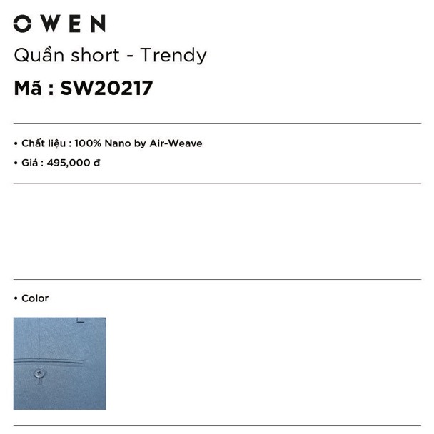 (SALE SỐC) Quần Short Nam Owen SW20217 Quần Short Âu Màu Xanh Dương Xước Kiểu Dáng Trendy Chất Liệu Nano