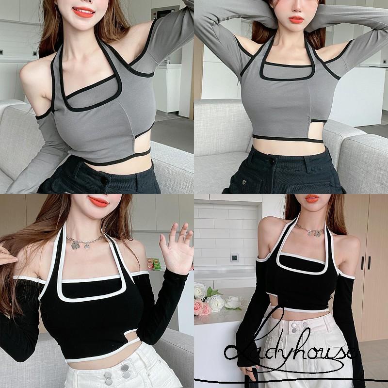 Áo Thun Croptop Giả Hai Mảnh Tay Dài Hở Vai Màu Xám/Đen Thời Trang Xuân Hè Dành Cho Nữ