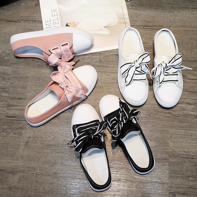 Giày Sục Sneaker Nữ Vải Cao Cấp Thắt NƠ Dây Bản To Stye Hàn Quốc Cực Xinh