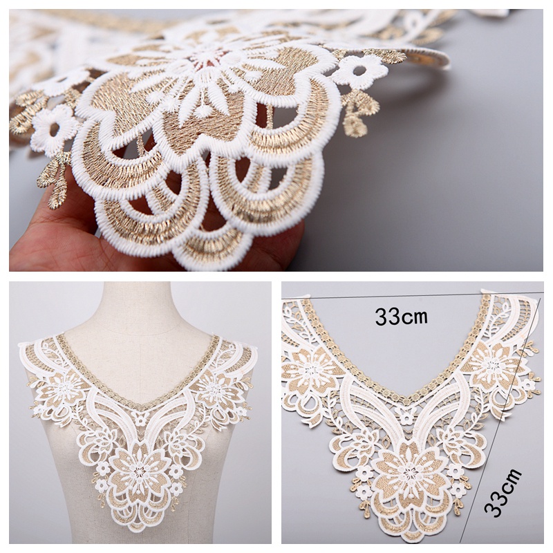1 Miếng Vải Ren Hoa Màu Trắng / Vàng Dùng Thêu Cổ Áo DIY