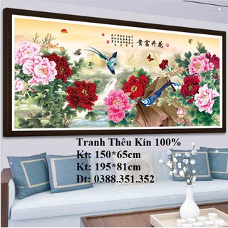tranh thêu chữ thập hoa mẫu đơn tuyệt đẹp 150x65cm và 195x81cm