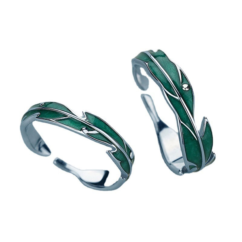 Set 2 Nhẫn Hình Chiếc Lá Màu Xanh Lá Đơn Giản Ngọt Ngào Dành Cho Cặp Đôi