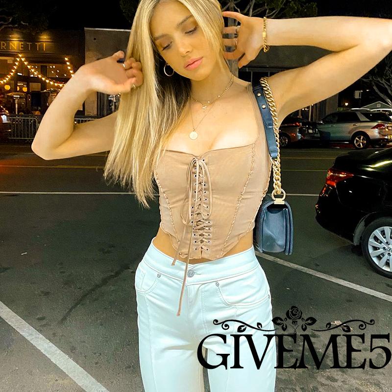 GIVEME-Women´s Tank Tops Sleeveless Sling Drawstring Tie Design Irregular Hem Slim Crop Tops