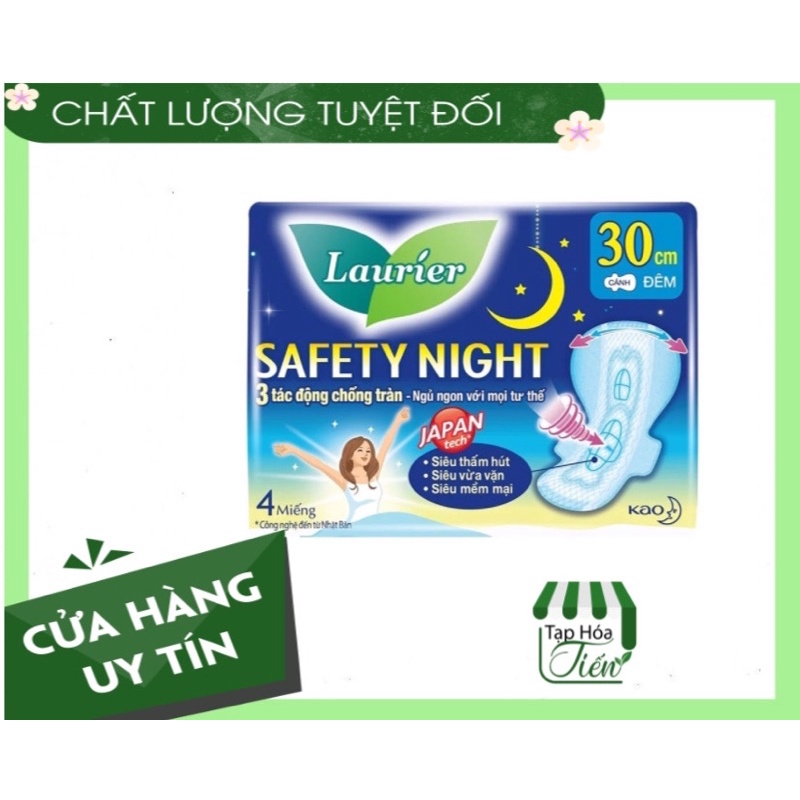 Băng Vệ Sinh Laurier Nhật Bản Safati Night Siêu thấm Chống Tràn Siêu Mỏng Chống Tràn Đêm 30cm 4Miếng/gói