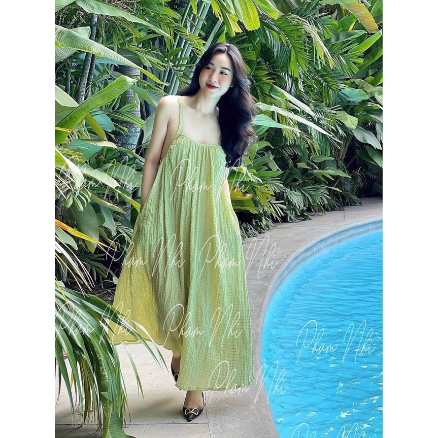 Đầm maxi suông đi biển 2 dây hở lưng chất xốp thái có lót ngực - B009