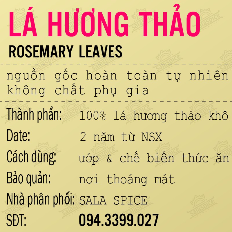 Lá Hương Thảo SALA SPICE Rosemary gia vị Tây, 100% nhập khẩu tươi hương thơm dịu, làm bít tết,các món nướng,súp,hâm