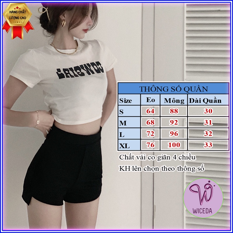 Quần đùi nữ cạp cao ôm dáng Wiceda , quần short ngắn co giãn màu đen thiết kế lệch gấu chất vải umi hàn QĐ481