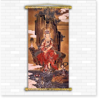 Tranh Liễn Phật Giáo - Quan Thế Âm Bồ Tát – Vải canvas kim tuyến nẹp sáo gỗ tự nhiên nhiều size nhiều mẫu thiết kế