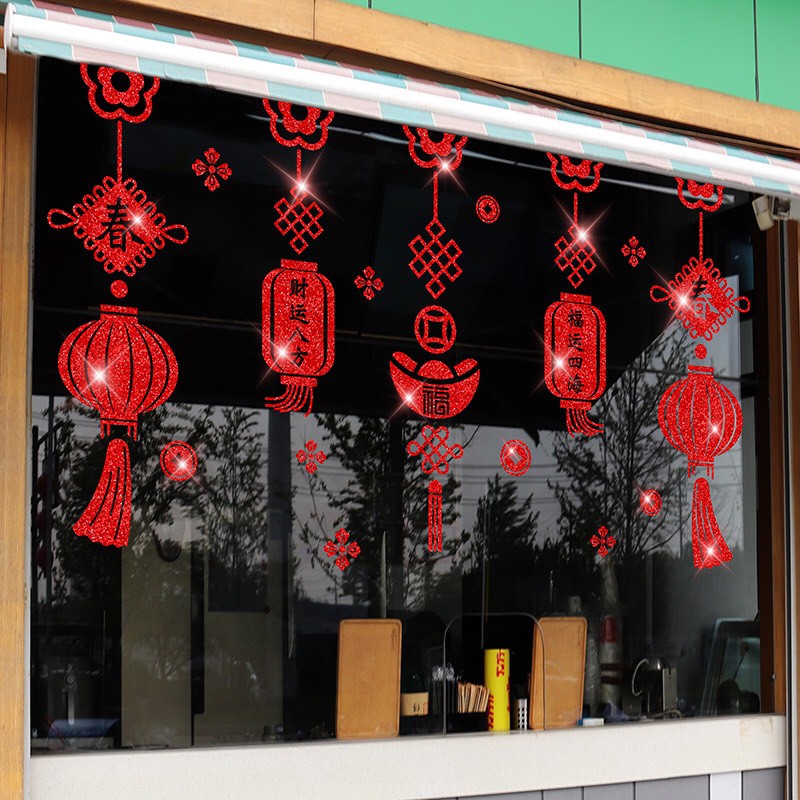 Decal trang trí Tết - Rèm Lồng đèn nhũ kim tuyến đỏ 02