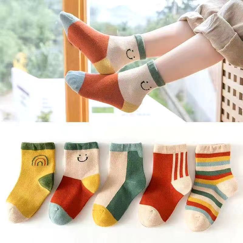 Set 5 đôi vớ Luckycandy bằng cotton chống trượt thiết kế cho bé từ 1-12 tuổi