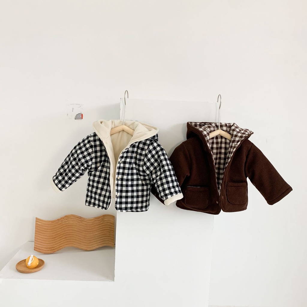 Áo Khoác Mùa Đông Bằng Cotton Họa Tiết Kẻ Sọc Hai Cách Mặc Cho Bé Sơ Sinh