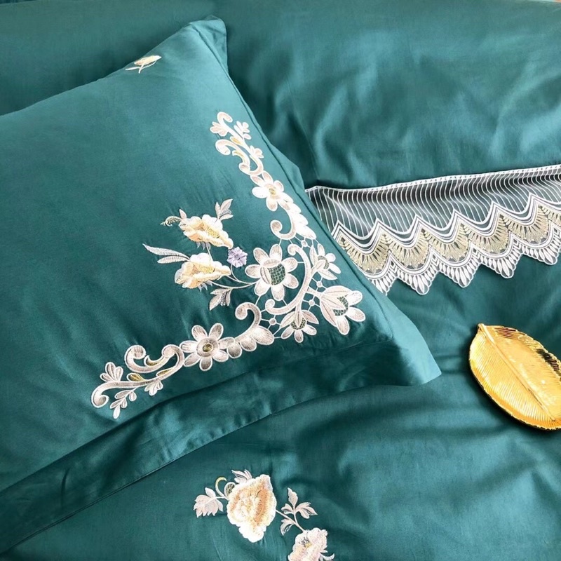 Bộ 4 món vỏ chăn ga gối Lụa Satin cao cấp xanh phối ren