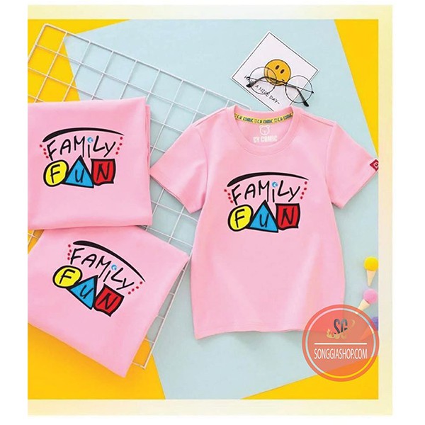 Áo gia đình Family Fun Đồng phục gia đình 3/4/5 người giá rẻ Thun cotton Màu hồng phấn GD297HN